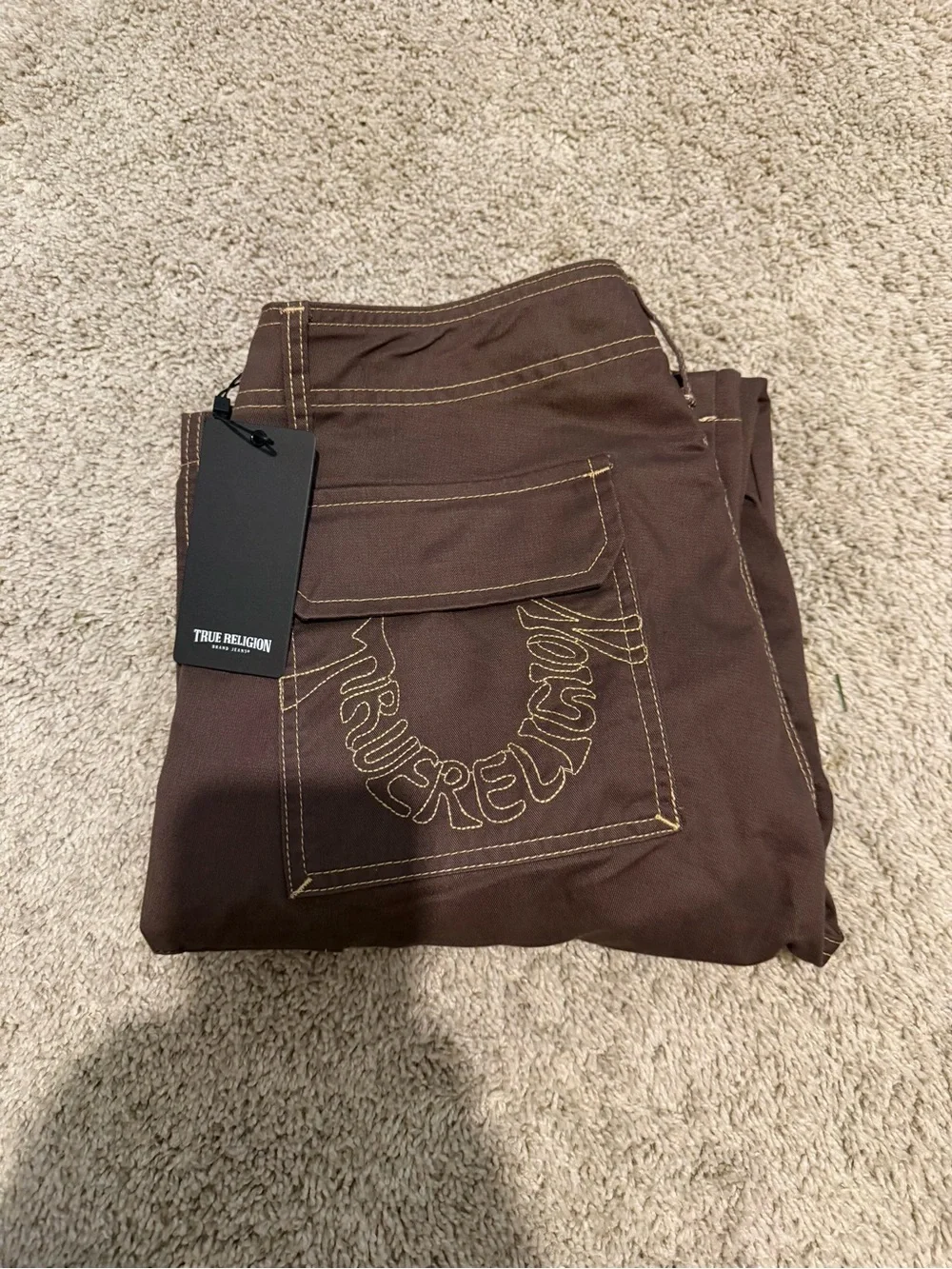 True Religion Brown Cargo Pants with Contrast Stitching